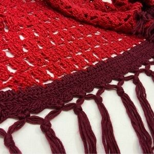 H&M red knit crochet open weave wrap scarf with fringe